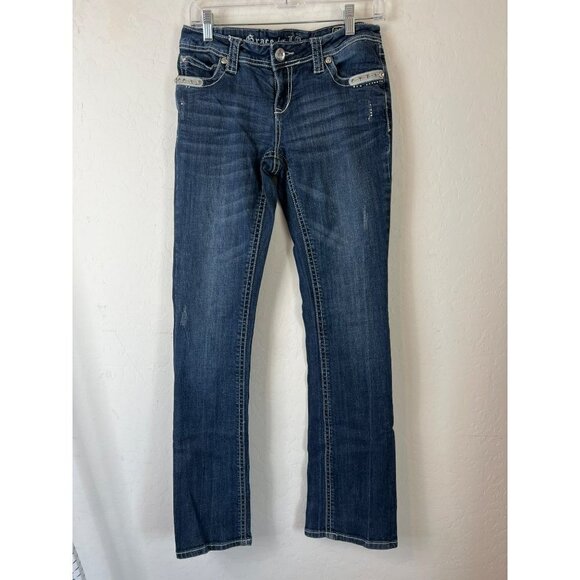 Grace in LA Jeans Sz 9/28 Flare 90s Y2K Low Rise Blinged Out Jeans Flap Pockets - Picture 1 of 9